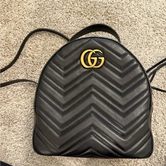 Gucci | Bags | Gucci Black Chevron Backpack With Gold Logo  display picture 3